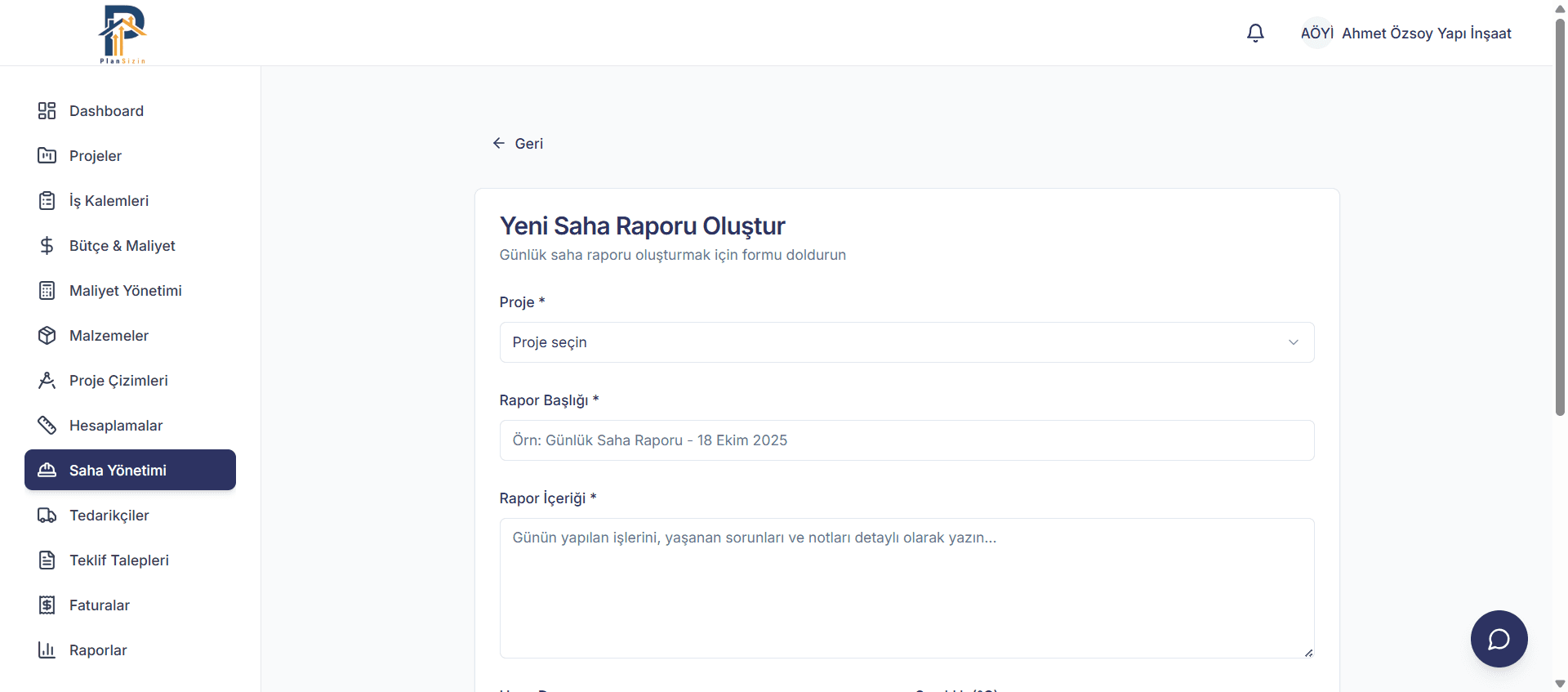 Saha raporu oluşturma ekranı