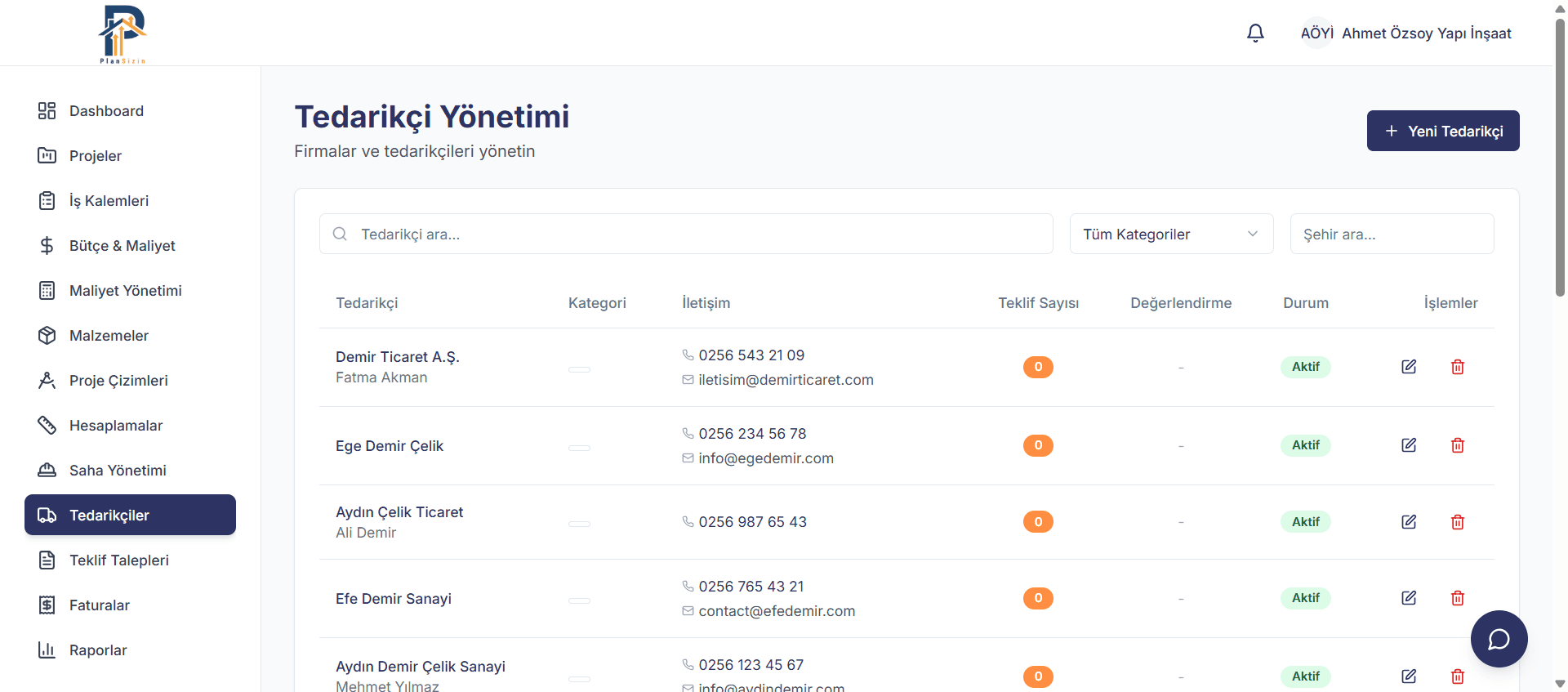 Tedarikçiler listesi ekranı